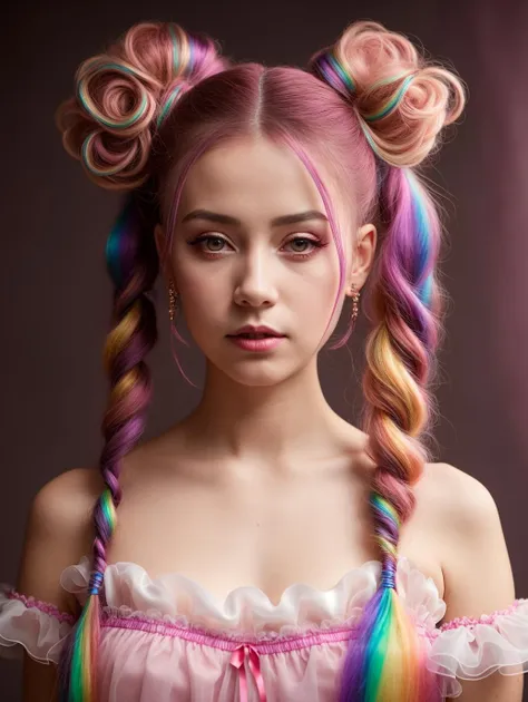 portrait of a woman, wearing organza , with rainbow colored pig tails hair , red victorian dress, background stylish epic photo, studio lighting, hard light, sony a7, 50 m