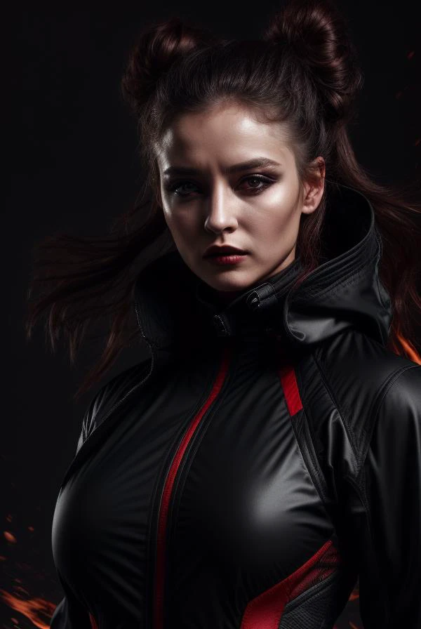 action shot of a <lora:EEGirlNo004:0.3> woman, dark makeup,wearing hightec <lora:EEGirlNo003:0.24> fabric posing in fight stance, with monobun hair , (GS-Womanly:0.9),black carbon coat over red croptop, background consistent <lora:difConsistency_darktheme:0.35> mood, rimlight,flashback <lora:more_details:0.6>