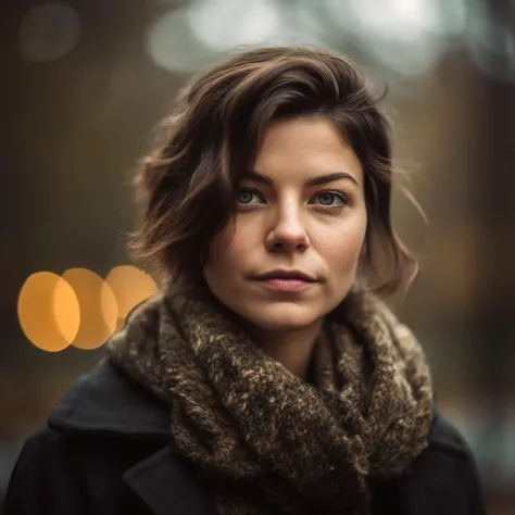a portrait of a brunette woman at the park 85mm lens, cannon 5d, low depth of field, extreme bokeh background, moody toning and lighting