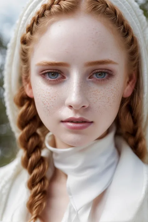 closeup portrait shot of a angelic <lora:EEGirlNo004:0.3> pale woman, holy makeup,detailed <lora:EEGirlNo003:0.24>,freckles, with perfect braided ginger hair , (GS-Womanly:0.9),white silk coat, background consistent <lora:difConsistency_darktheme:0.35> mood, rimlight,flashback <lora:more_details:0.6>