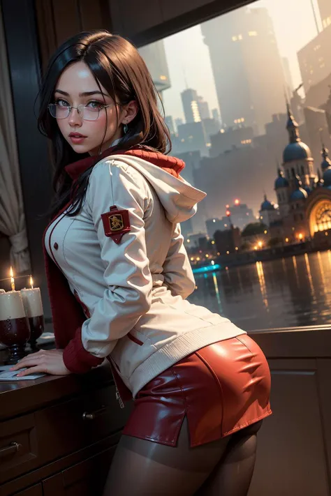 (masterpiece, best quality, highly detailed), v-ray render, (up close medium pov from low angle), solo, minazukikyouko, glasses, red sweater, labcoat, black miniskirt, pantyhose, high heels, (detailed face and eyes), remarkable eye color, photorealistic, Night scene, candid, fantasy cityscape next to a lake, <lora:minazukikyouko-nvwls-v1-final:0.7>, <lora:Night scene_20230715120543:0.4>