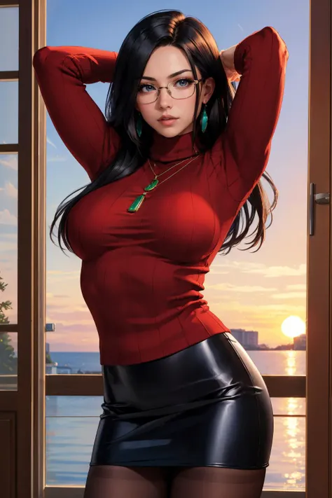 masterpiece, best quality, minazukikyouko, black hair, glasses, necklace, earrings, red sweater, turtleneck, black miniskirt, pantyhose, cowboy shot, large breasts, arms behind head, stretching, looking at viewer, sunset, park <lora:minazukikyouko-nvwls-v1-000011:0.9>