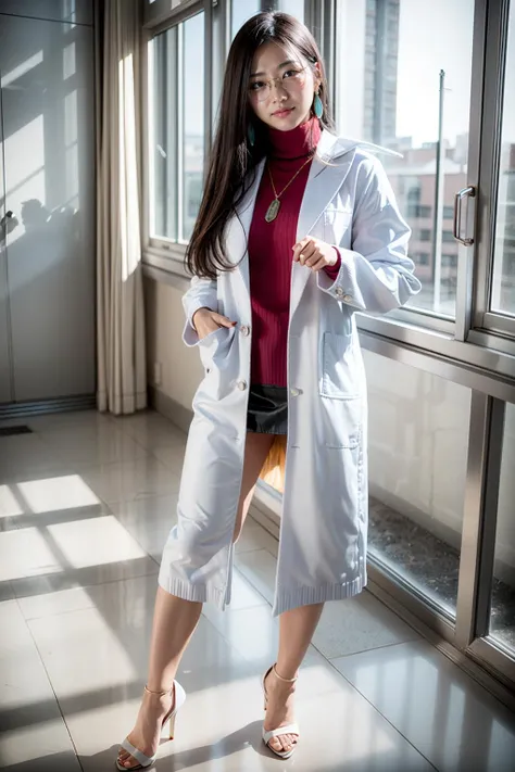 (realistic:1.3), finely detailed, quality, rembrandt lighting, (masterpiece:1.2), (photorealistic:1.2), (best quality), (detailed skin:1.3), (intricate details), dramatic, ray tracing, 1girl, japanese girl, minazukikyouko, 21 years old, detailed skin texture, (blush:0.5), (goosebumps:0.5), subsurface scattering, smiling, glasses, earrings, necklace,( red sweater:1.2), turtleneck, labcoat, black miniskirt, pantyhose, high heels, full body, (bright sunny day, school classroom),  <lora:minazukikyouko-nvwls-v1:1>