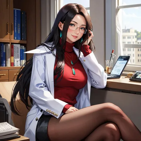 <lora:minazukikyouko-nvwls-v1-final:0.8> minazukikyouko, glasses, earrings, necklace, red sweater, turtleneck, labcoat, black miniskirt, pantyhose, high heels
masterpiece, best quality, absurdres, indoors, nurses office, school infirmary, at desk, seductive smile, perfect lighting, upper body