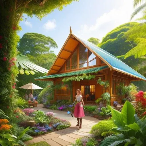 a beautiful woman gardening in a beautiful costume in futuristic permaculture rainforest with a house, style_solarpunk, High Detail, Sharp focus, trending on artstation, Digital art,