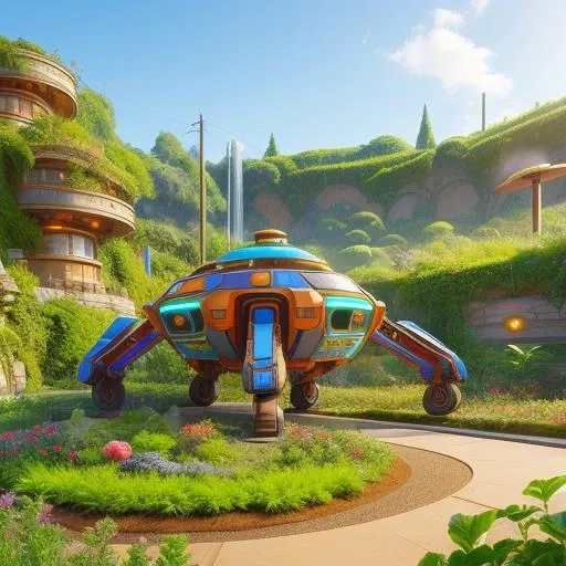 a futuristic permaculture garden robot mine for precious minerals, style_solarpunk, High Detail, Sharp focus, trending on artstation, Digital art,