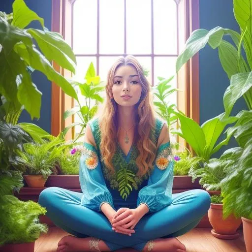 beautiful woman sitting in an detailed organic loungeroom with plants and water, style_solarpunk,  High Detail, Sharp focus, trending on artstation, Digital art,