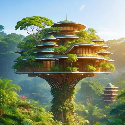 a futuristic permaculture rainforest with a house, style_solarpunk, High Detail, Sharp focus, trending on artstation, Digital art,