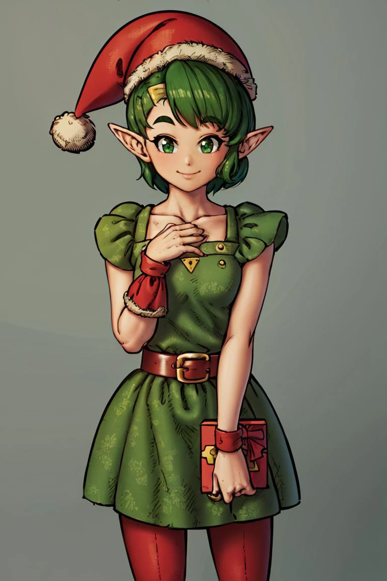 <lora:Toriyama_Akira_Style:0.8>,((masterpiece,best quality)), absurdres, <lora:Farore_Zelda_Anime:0.8>, Farore_Zelda, green dress, belt, triangles, solo, smiling, looking at viewer, cowboy shot, santa hat,