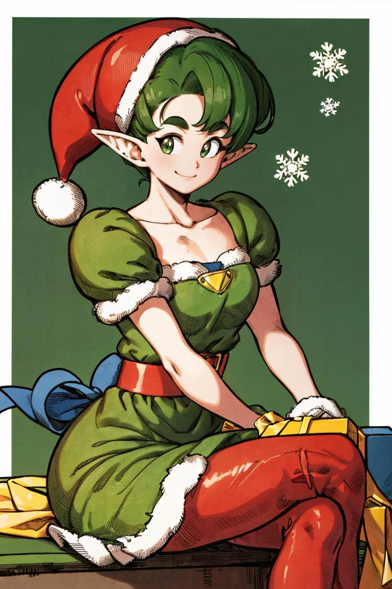 <lora:Toriyama_Akira_Style:0.8>,((masterpiece,best quality)), absurdres, <lora:Farore_Zelda_Anime:0.8>, Farore_Zelda, green dress, belt, triangles, solo, smiling, looking at viewer, cowboy shot, santa hat, sitting,