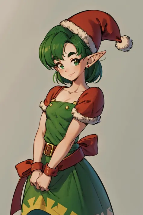 <lora:Toriyama_Akira_Style:0.8>,((masterpiece,best quality)), absurdres, <lora:Farore_Zelda_Anime:0.8>, Farore_Zelda,  green dress, belt, triangles, solo, smiling, looking at viewer, cowboy shot, santa hat,