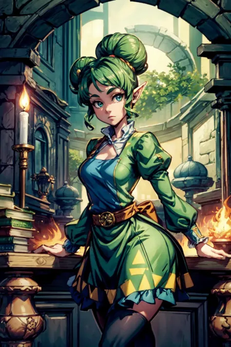 1girl, solo, standing behind a wood desk, <lora:Farore_Zelda_Anime:0.6>, Farore_Zelda, green hoop skirt, belt, triangles, big hair buns, stone wall, torches on pillars, stone pillar, counter, book on counter, <lora:add_detail:0.7>,