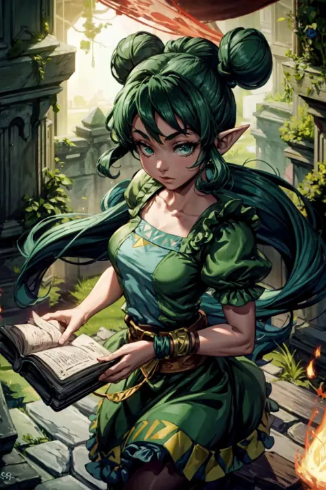 1girl, solo, <lora:Farore_Zelda_Anime:0.7>, Farore_Zelda, green hoop skirt, belt, triangles, big hair buns, dungeon, stone wall, torches on pillars, stone pillar, counter, book on counter, <lora:add_detail:0.7>,