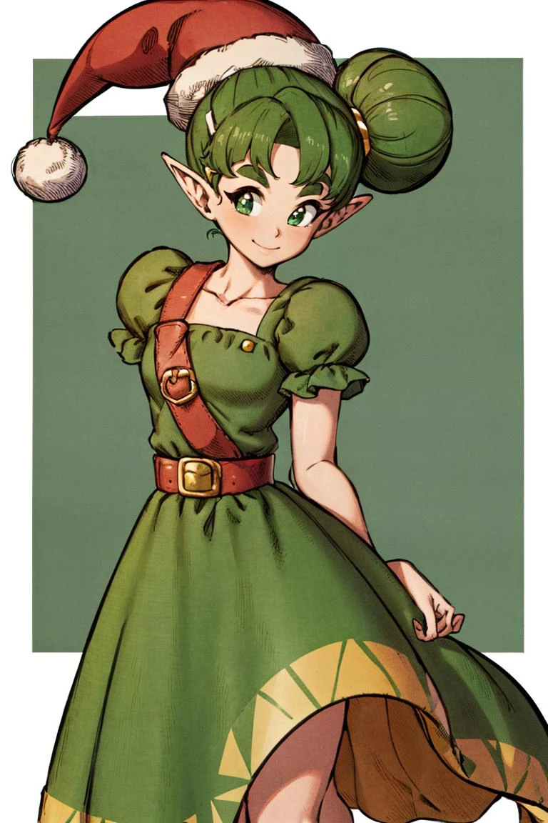 <lora:Toriyama_Akira_Style:0.8>,((masterpiece,best quality)), absurdres, <lora:Farore_Zelda_Anime:0.8>, Farore_Zelda, green dress, belt, triangles, solo, smiling, looking at viewer, cowboy shot, santa hat,