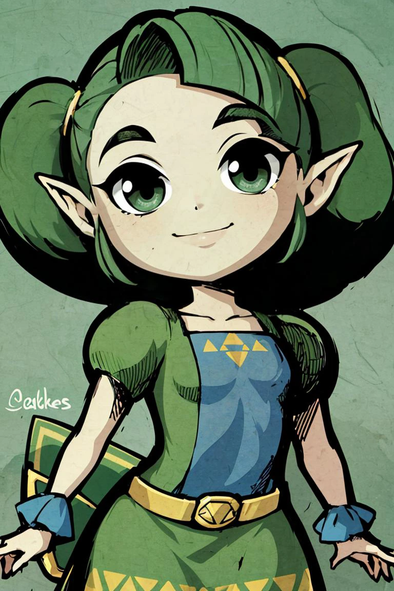 <lora:Style_of_the_Winds:0.8>,((masterpiece,best quality)), absurdres, <lora:Farore_Zelda_Anime:0.8>, Farore_Zelda, green dress, belt, triangles, solo, smiling, looking at viewer, cowboy shot,