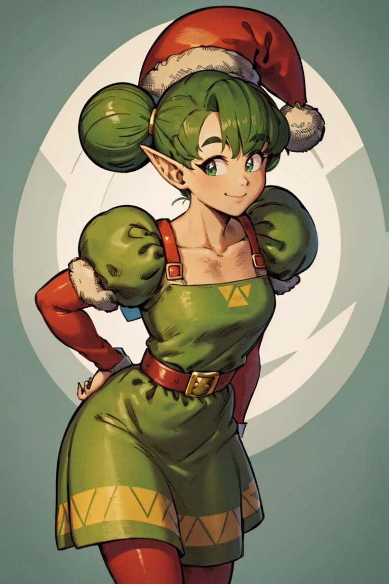 <lora:Toriyama_Akira_Style:0.8>,((masterpiece,best quality)), absurdres, <lora:Farore_Zelda_Anime:0.8>, Farore_Zelda, green dress, belt, triangles, solo, smiling, looking at viewer, cowboy shot, santa hat,