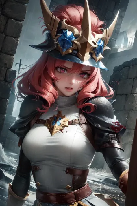 (best quality, masterpiece:1.2), 1 girl, adult (elven:0.7) woman, pink eyes, light brown medium hair, icelandic, portrait, looking down, solo, upper body, detailed background, (<lora:FragRealityTech:0.6>, shattered warped reality, fragrealitytech theme:1.1), nordic medieval marauder, bloodthirsty expression, fighting stance, fury of the old gods, viking age, blue war paint on face, blood soaked, simple brown padded leather battle-tunic, helmet, soaked in the rain, cinematic scene composition, norse dark fantasy atmosphere,