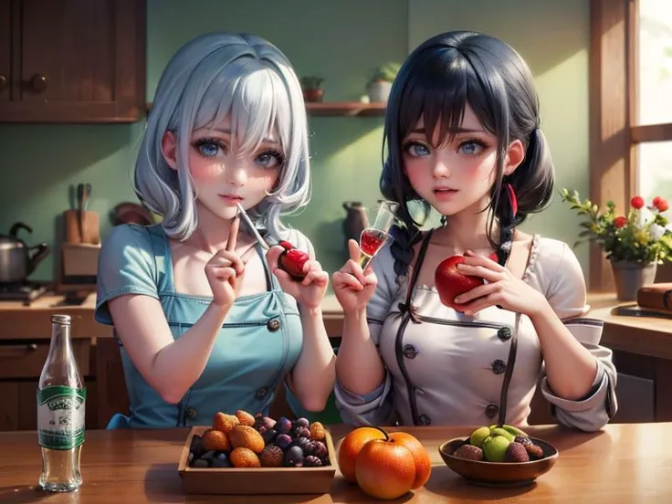 (masterpiece), (best quality), HDR, skindentation, perfect face, beautiful face, perfect eyes, eyelashes, <lora:akebissailoruniform_akebi:0.5> <lora:bangdream_kurata:0.5> akebi komichi and kurata mashiro in a kitchen, fruit, bottle, food