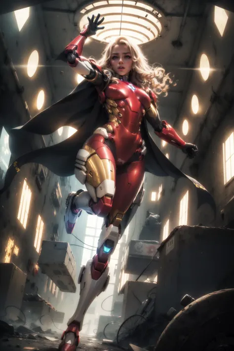 RAW, Masterpiece, Ultra Fine Photo, Best Quality, Ultra High Resolution, Photorealistic, Sunlight, Stunningly Beautiful, Dynamic Poses, Delicate Face, Vibrant Eyes, she is wearing a futuristic Iron Man mech, red and gold color scheme, highly detailed abandoned warehouse background, detailed face, detailed and complex busy background, messy, gorgeous, milky white, high detailed skin, realistic skin details, visible pores , sharp focus, volumetric fog, 8k uhd, high quality, film grain, fair skin, photorealism, lomography, sprawling metropolis in futuristic dystopia, view from below, translucent,