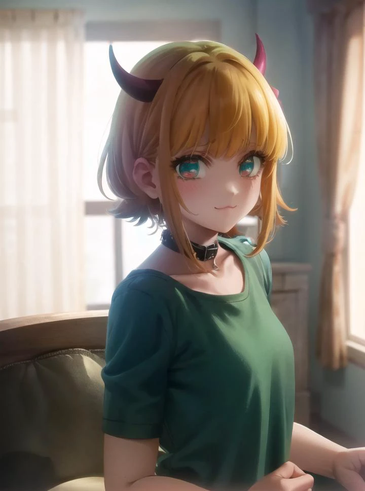 (masterpiece:1.2), best quality, masterpiece, highres, 8k, photorealistic, original, extremely detailed wallpaper, (ultra-detailed), (best illustration), (best shadow), 1girl, upper body, (memcho), tiny horns, small breasts, (:3:1.2), puffy face, beautiful face, big eyes, cyan eyes, puffy eyes, perfect eyes, eyelashes, (casual cloths, bright green t-shirt, crop top, collar), indoor, living room, sofa, tv,