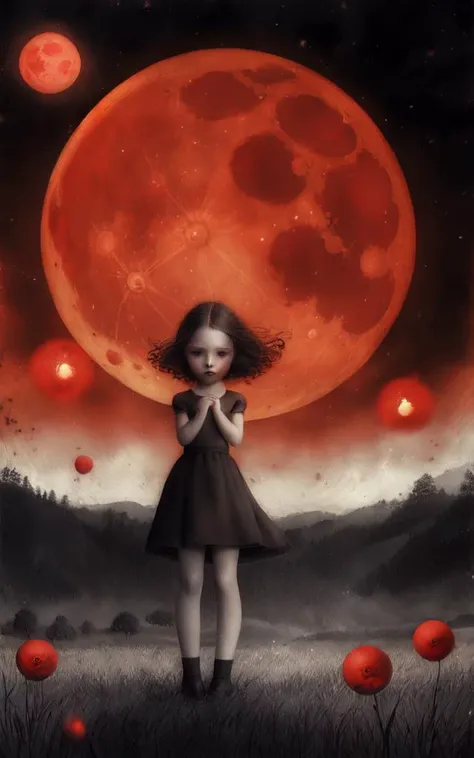 1girl, standing in field, red moon , <lora:nceccoli3:1>