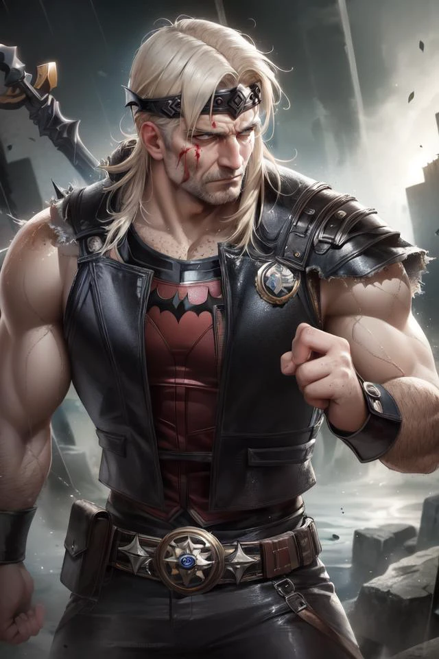 (best quality, masterpiece:1.2), (1man, wrinkled face, old icelandic male:1.2), frail, green eyes, gray hair, quiff, norwegian, portrait, looking away, solo, (full body:0.6), detailed background, (<lora:Dra9onScaleAI:0.5>, Dr490nSc4leAI theme:1.1), nordic berserker, serious expression, fighting stance, fury of the old gods, dark ages, red war paint on face, blood soaked, simple brown studded leather vest, helmet, mjolnir symbol, soaked in the rain, viking atmosphere,