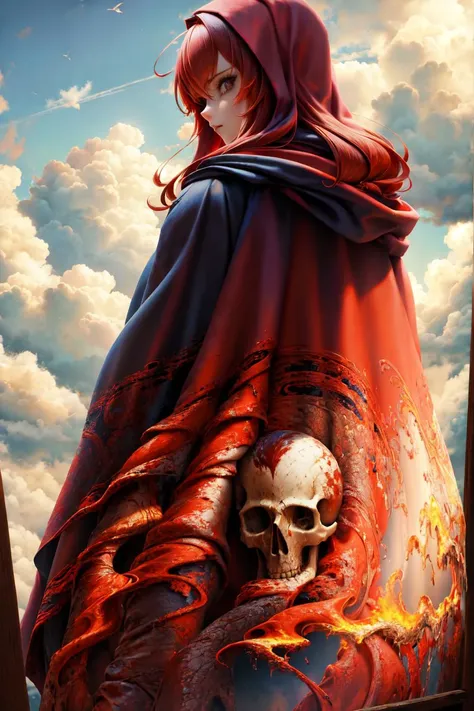 (masterpiece), (best quality) solo, 1girl, standing, male focus, red hair, cloud, hood, from behind, cloak, skull, robe, painting <lora:skulls00d:0.60>