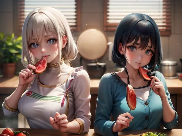 (masterpiece), (best quality), HDR, skindentation, perfect face, beautiful face, perfect eyes, eyelashes, <lora:akebissailoruniform_akebi:0.5> <lora:bangdream_kurata:0.5> akebi komichi and kurata mashiro in a kitchen, fruit, bottle, food