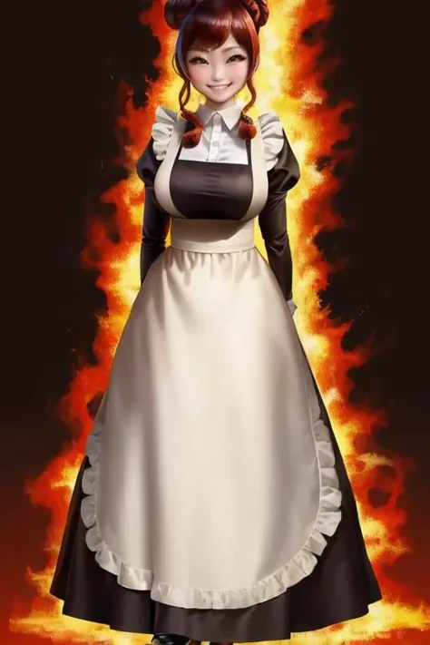 full body portrait, 2d, anime, hentai, dark theme, black background, fair skin, asian, woman, youthful adult, college age, 24 year old, standing, arms behind back, curvy, maid, dress, apron, white shirt, large breasts, medium chestnut hair in a bun, brown eyes, natural eyebrows, [Laotian], (smile, grin, loving expression, looking at viewer)