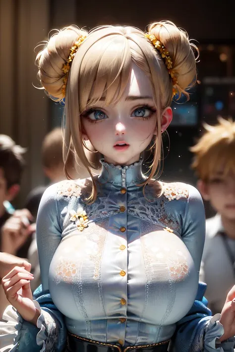 (masterpiece), (best quality), HDR, intricate detail, 1girl, solo focus, female, skin imperfection, light pale white skin, skindentation, perfect face, puffy face, beautiful face, big eyes, puffy eyes, amber eyes, perfect eyes, eyelashes, very short double buns light brown hair