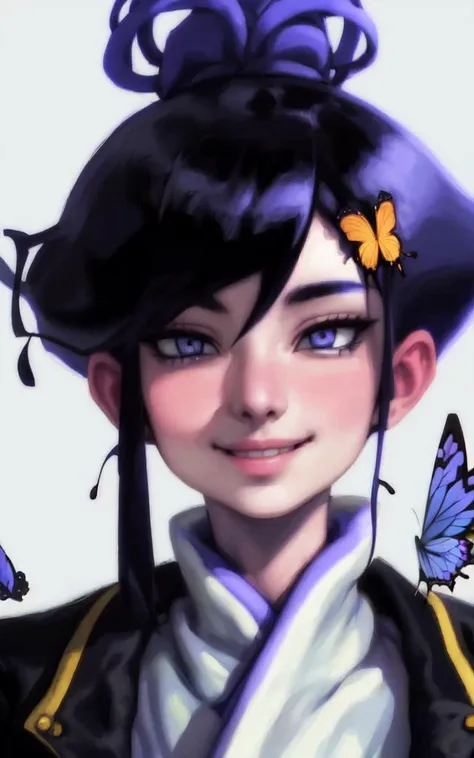 1girl, solo, looking at viewer, smile, black hair, hair ornament, closed mouth, purple eyes, jacket, purple hair, bug, butterfly, portrait, butterfly hair ornament, haori, colorful <lora:gl055y:0.8>