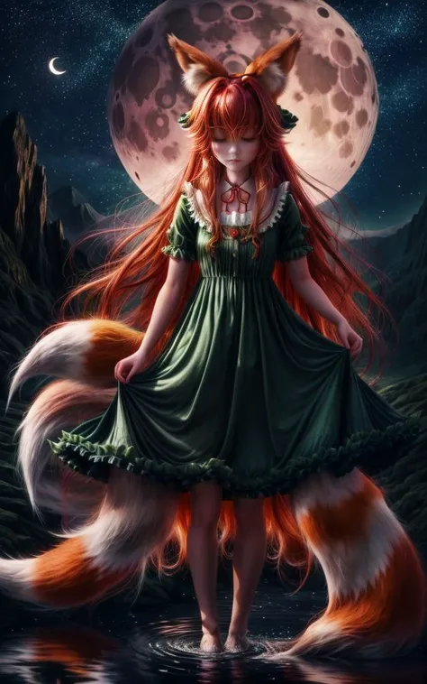 The (girl with fox ears) in a ((green frilly dress) with (red ribbons)), she carries a ((small fox)) in her arms, her (long orange hair) flowing in the wind, standing on transluscent (blue rocks), the (small fox) is sleeping, silvery water pond, under the starry night sky, dark blue mountains far away, big moon, (crescent moon) , beautiful, lavish, ephemeral, dull body portrait, fantasy, ultrarealism, <lora:add_detail:1.4>, ultra-detail, (highres:1.1), best quality, (masterpiece:1.3), beautiful, hires, absurdres