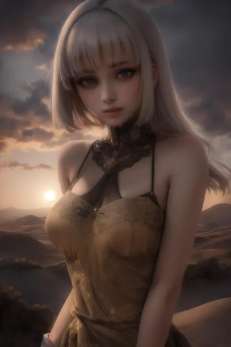 ((masterpiece, best quality, ultra-detailed, high resolution, extremely detailed CG, super detailed, Beautiful human body modeling, Most beautiful clean lighting)), 1 girl, beautiful girl, cute girl and idol face, smile, shiny silver hair and short bob cut and antenna hair, beautiful green, eyes, white skin, beautiful body, Midsummer Scenery