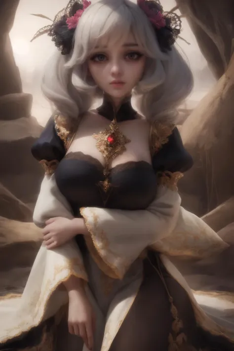 High quality, masterpiece, 8k, 1 girl, Jeanne from anime, white hair, yellow eyes, short hair, perfect body, scary, badass woman, beautiful face, wearing Egypt style sexy dress, ((sitting on the throne)), in the broken palace, Egypt style , from above