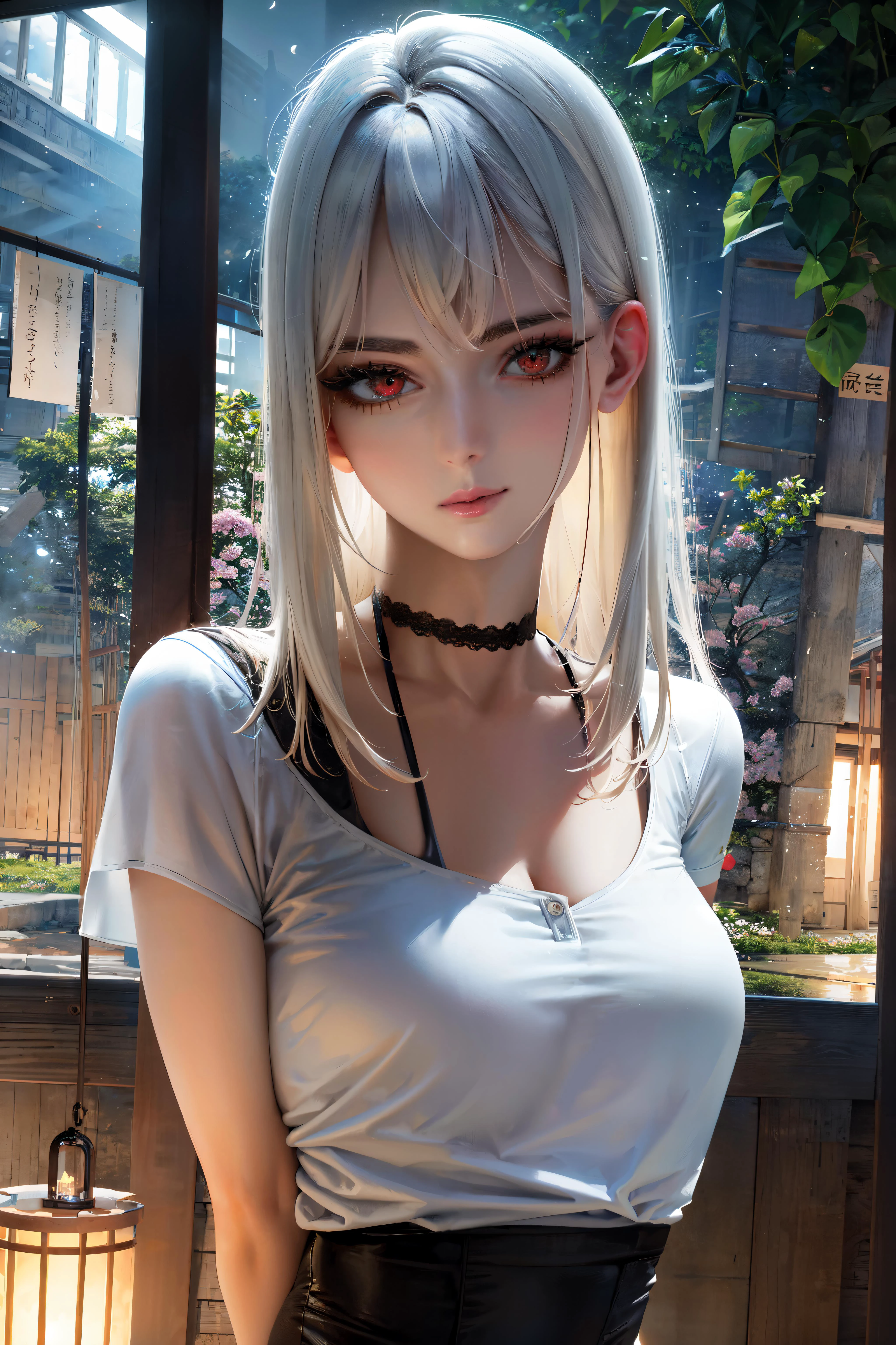 ((masterpiece:1.2)), ((best quality:1.2)), 4k, HDR, (hyperdetailed), realistic, photorealism, ((portrait)), (face, head:1.6), close up, (mature female:1.3), (parted long bob:1.1), (long hair:0.15), silver hair, (blouse), (detailed eyes:1.3), (red eyes:1.3), eye shadow, eye liner, rouge, red lip stick, neutral expression, medium breasts, narrow waist, stunning, gradient colors, bamboo forest, tori gates, spring time, sakura blooming, night time, detailed background, ((masterpiece)), absurdres, HDR,<lora:ellaxxfreya20:0.4>, Slight head tilt pose, closed mouth,