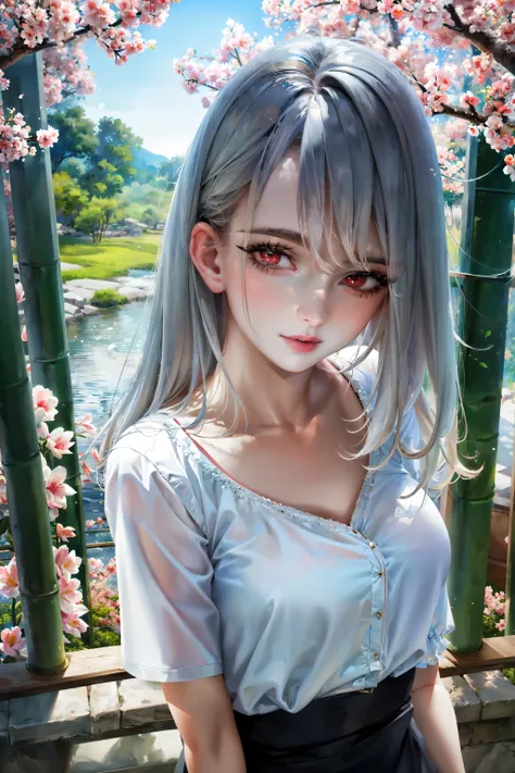 ((masterpiece:1.2)), ((best quality:1.2)), 4k, HDR, (hyperdetailed), realistic, photorealism, ((portrait)), (face, head:1.6), close up, (mature female:1.3), (parted long bob:1.1), (long hair:0.15), silver hair, (blouse), (detailed eyes:1.3), (red eyes:1.3), eye shadow, eye liner, rouge, red lip stick, neutral expression, medium breasts, narrow waist, stunning, gradient colors, bamboo forest, tori gates, spring time, sakura blooming, night time, detailed background, ((masterpiece)), absurdres, HDR,<lora:ellaxxfreya20:0.4>, Slight head tilt pose, closed mouth,