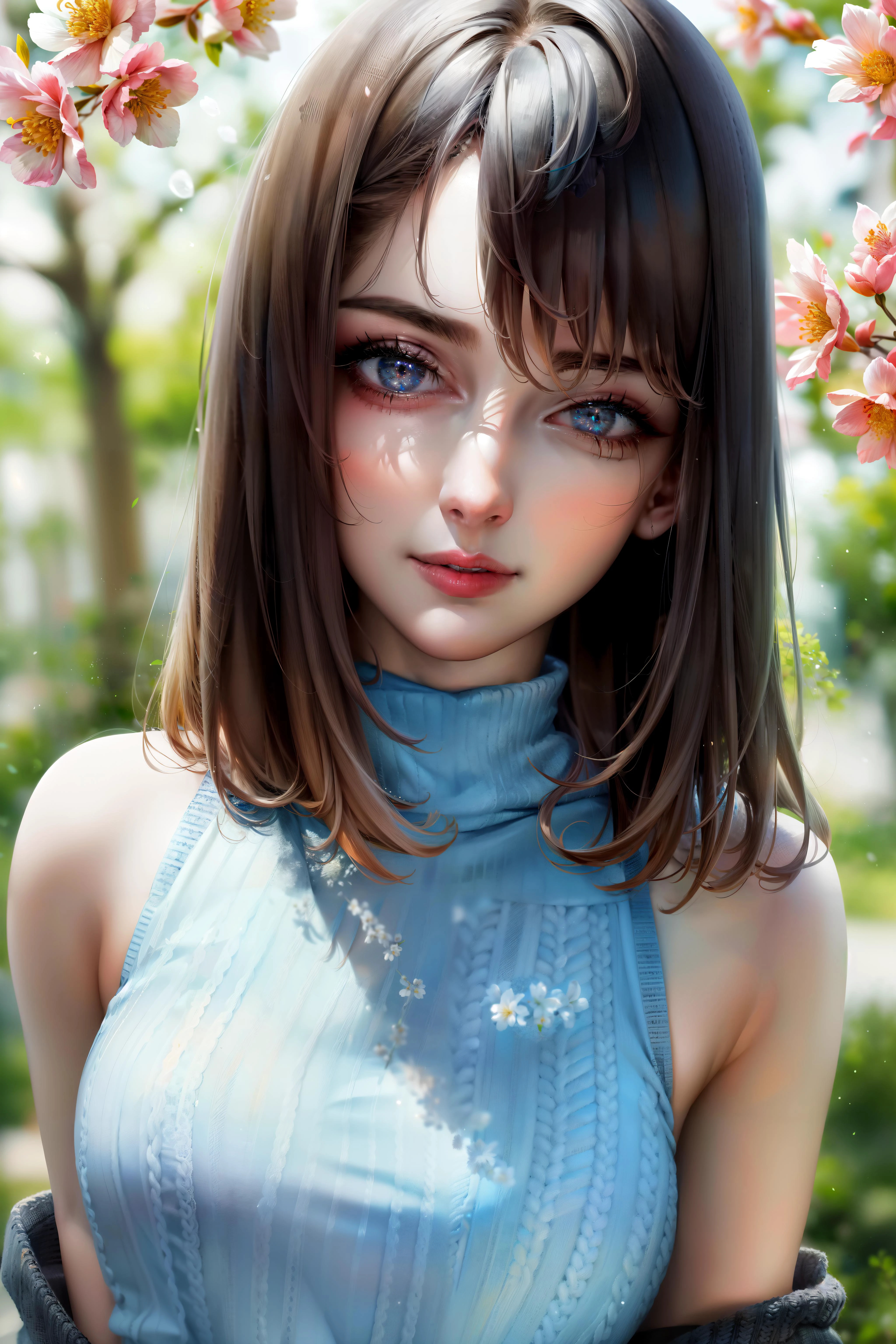 ((masterpiece:1.2)), ((best quality:1.2)), 4k, HDR, (hyperdetailed), realistic, photorealism, ((portrait)), (face, head:1.6), close up, choker shot, (mature female:1.3), (parted long bob:1.1), (long hair:0.15), dark brown hair (blue eyes:1.3), (detailed eyes:1.3), eye shadow, eye liner, rouge, red lip stick, neutral expression, medium breasts, narrow waist, stunning, gradient colors, amboo forest, torri gates, spring time, sakura blooming, detailed background, ((masterpiece)), absurdres, HDR,<lora:ellaxxfreya20:0.4>, Slight head tilt pose, closed mouth, (sweater dress, turtleneck sweater, sleeveless), <lora:add_detail:0.5>
