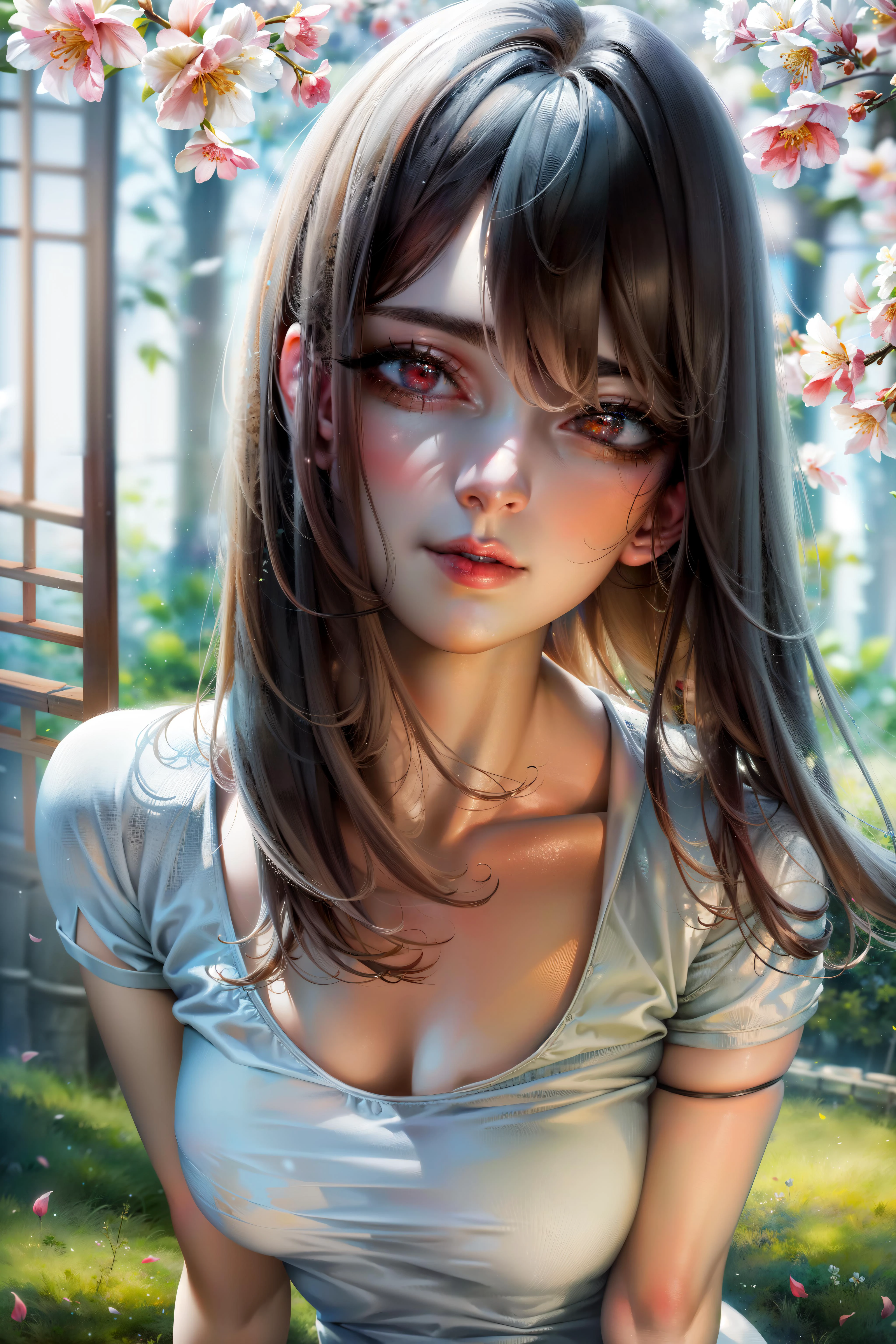 ((masterpiece:1.2)), ((best quality:1.2)), 4k, HDR, (hyperdetailed), realistic, photorealism, ((portrait)), (face, head:1.6), close up, (mature female:1.3), (parted long bob:1.1), (long hair:0.15), silver hair, (blouse), (detailed eyes:1.3), (red eyes:1.3), eye shadow, eye liner, rouge, red lip stick, neutral expression, medium breasts, narrow waist, stunning, gradient colors, bamboo forest, tori gates, spring time, sakura blooming, night time, detailed background, ((masterpiece)), absurdres, HDR,<lora:ellaxxfreya20:0.4>, Slight head tilt pose, closed mouth, <lora:add_detail:0.5>