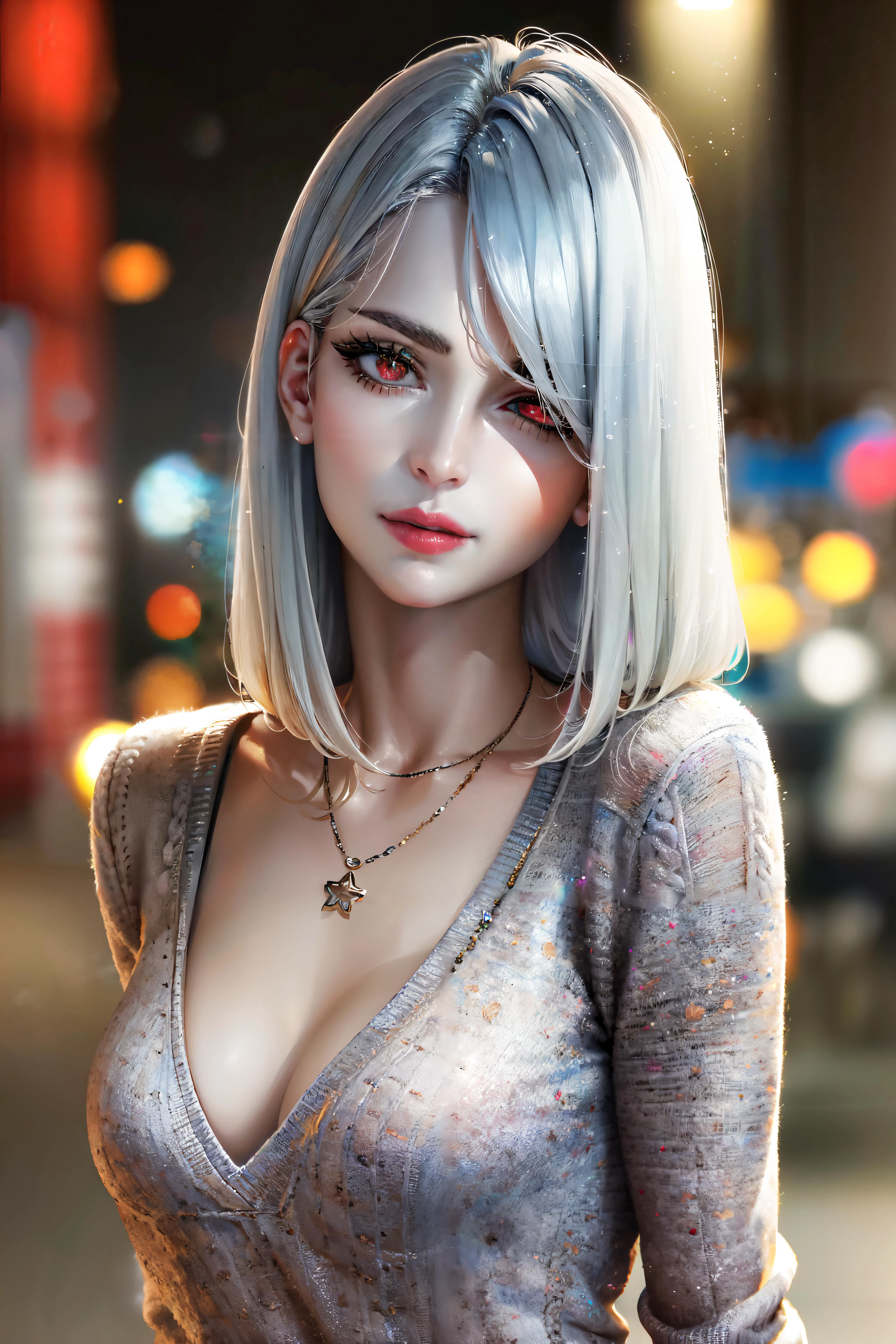 ((masterpiece:1.2)), ((best quality:1.2)), 4k, HDR, (hyperdetailed), realistic, photorealism, portrait, (face, head:1.6), (mature female:1.3), (parted long bob:1.1), (long hair:0.15), silver hair, (detailed eyes), (red eyes:1.3), eye shadow, eye liner, rouge, red lip stick, neutral expression, medium breasts, stunning, gradient colors, Tokyo Tower, spring time, sakura blooming, night time, detailed background, ((masterpiece)), absurdres, HDR,<lora:ellaxxfreya20:0.4>, necklace, (Midi Skirt and Knit Sweater), Slight head tilt pose, closed mouth,