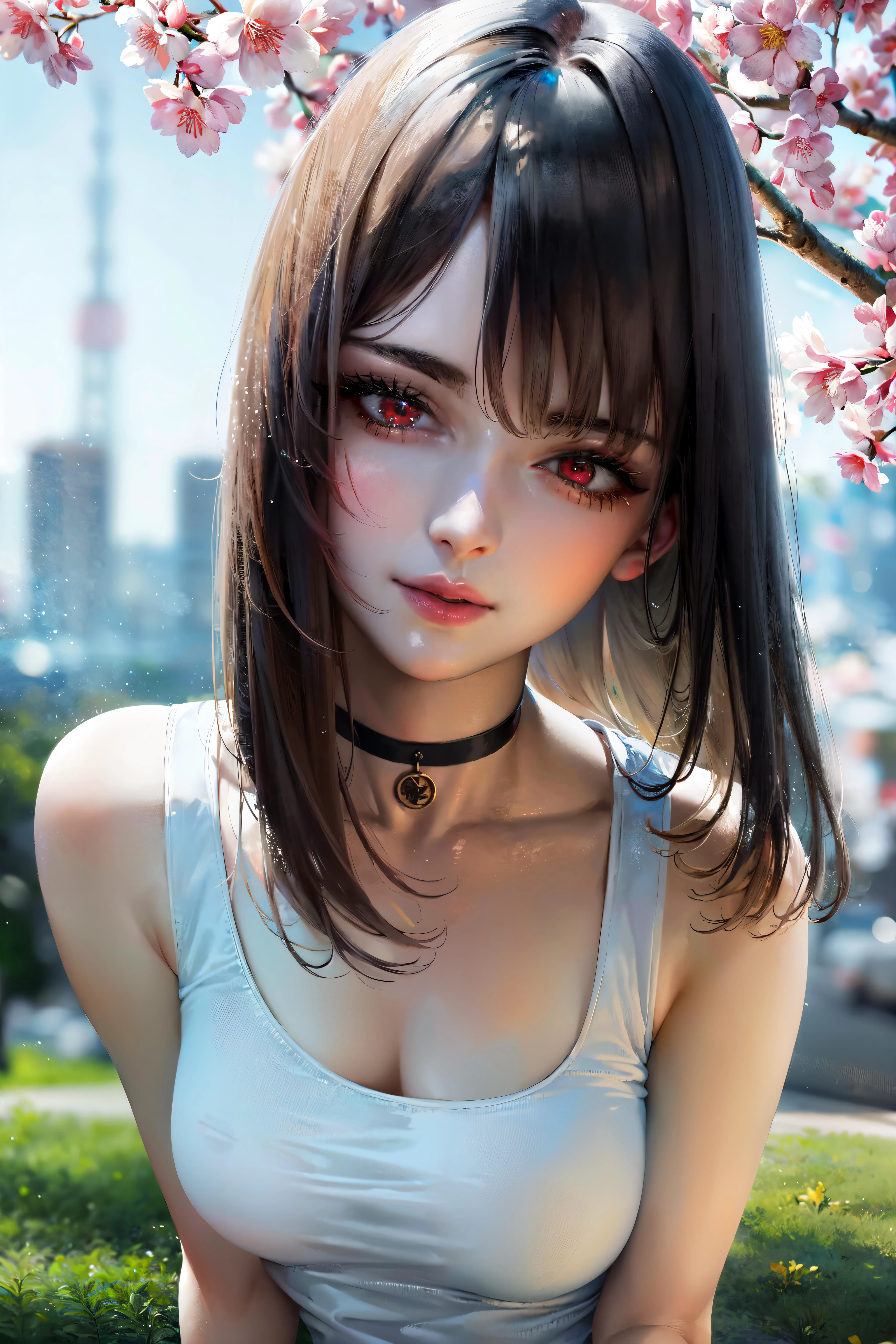 ((masterpiece:1.2)), ((best quality:1.2)), 4k, HDR, (hyperdetailed), realistic, photorealism, ((portrait)), (face, head:1.6), close up, choker shot, (mature female:1.3), (parted long bob:1.1), (long hair:0.15), silver hair, (tank top), (red eyes:1.3), eye shadow, eye liner, rouge, red lip stick, neutral expression, medium breasts, narrow waist, stunning, gradient colors, Tokyo Tower, spring time, sakura blooming, night time, detailed background, ((masterpiece)), absurdres, HDR,<lora:ellaxxfreya20:0.4>, Slight head tilt pose, closed mouth,