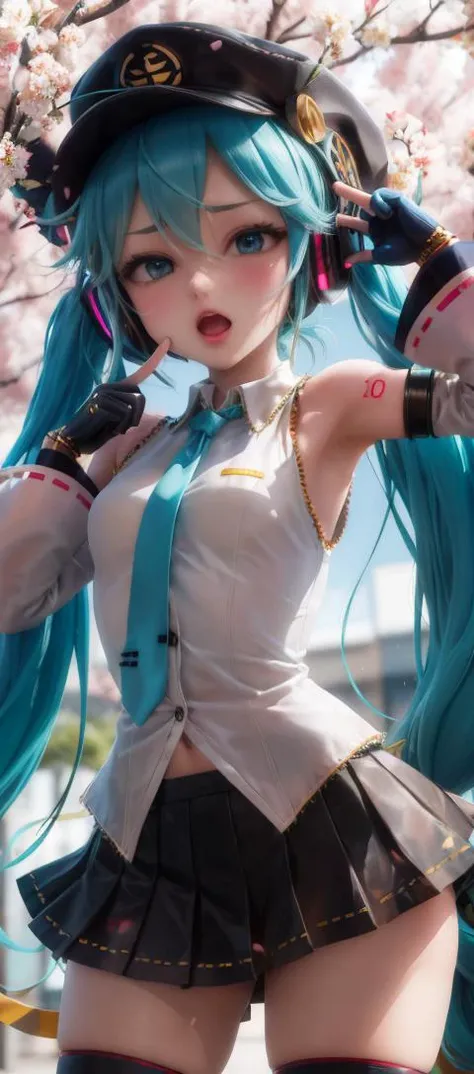 (masterpiece), (best quality), HDR, intricate detail, 1girl, bad_id, bad_pixiv_id, cherry_blossoms, finger_gun, gloves, green_hair, hanatachibana, hat, hatsune_miku, long_hair, open_mouth, peaked_cap, petals, pinwheel, senbon-zakura_(vocaloid), skirt, solo, thighhighs, torii, very_long_hair, vocaloid