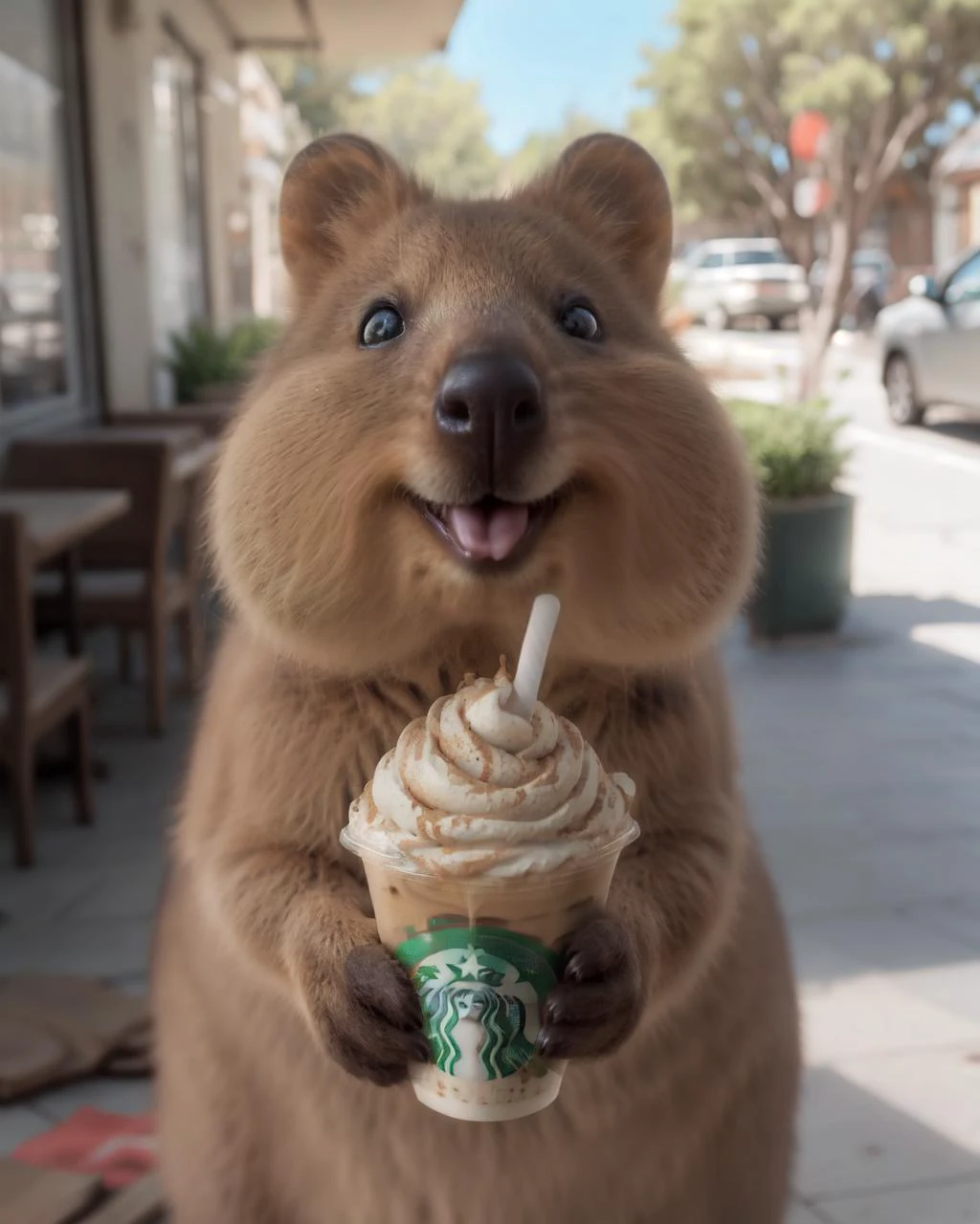best quality,no humans,
quokka,aidaishu,drinking,frappuccino,
cafe,
<lora:finalquokka:0.6>