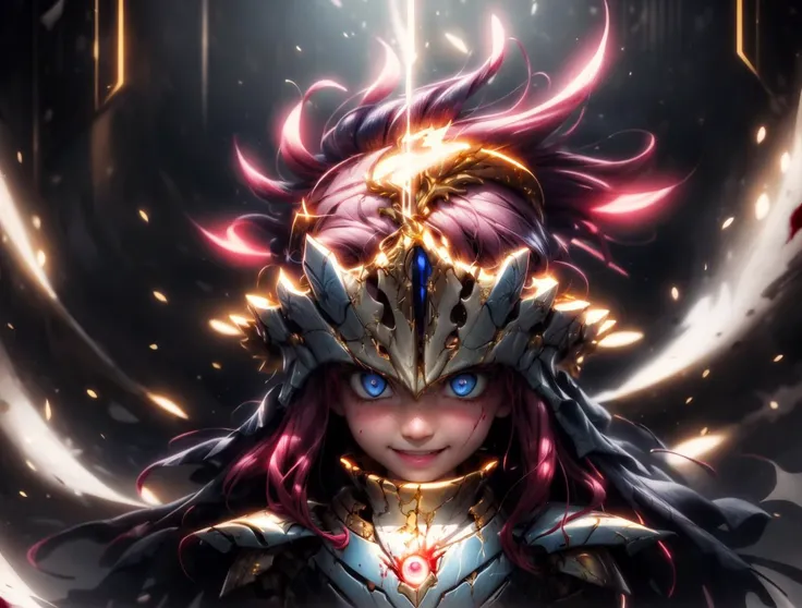 Solo:1.3, detailed armor, ((gold armor):1.2), (gold:1.2), nice hands, perfect hands,
a highly detailed realistic girl, cute, cute round face, puffy cheeks, adorable, human, shy, blushing, (happy:1.2),
portrait, face close-up, smile, symmetrical face, long hair,
detailed skin, detailed eyes,
vivid colors, cinematic hard lighting, realistic shadows, detailed textures, dynamic lighting, cgi,
large ((blue eyes):1.1), (glowing eyes), pink hair, purple flaming hair, glowing hair,
neon highlights, neon armor, glowing armor,
blood on face, bloody,
jewel in armor,
(falling:1.2),
AS-Younger,
<lyco:GoodHands-beta2:1.0>
<lora:add_detail:1>
<lora:MechaArmor:0.8>