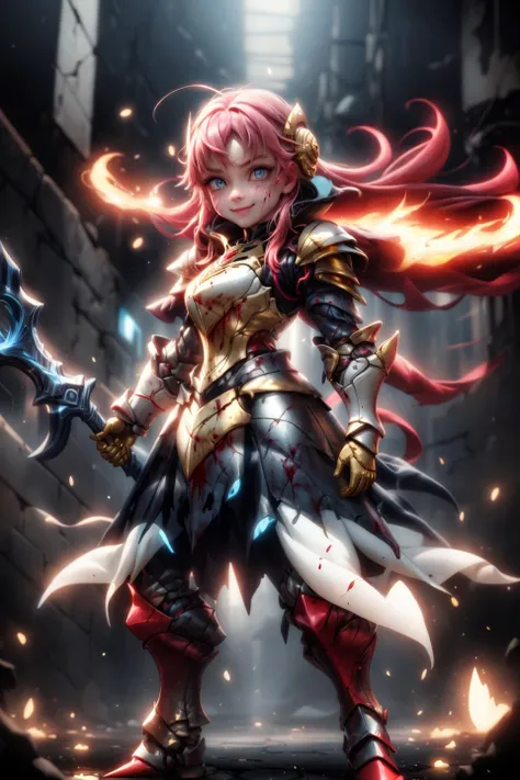 detailed armor, ((gold armor):1.2), (gold:1.2), nice hands, perfect hands,
a highly detailed realistic girl, cute, cute round face, puffy cheeks, adorable, human, shy, blushing, happy,
portrait, face close-up, small body, smile, symmetrical face, long hair,
detailed skin, detailed eyes,
vivid colors, cinematic hard lighting, realistic shadows, detailed textures, dynamic lighting, cgi,
large blue eyes, glowing eyes, pink hair, flaming hair, glowing hair,
neon highlights, neon armor, glowing armor,
blood on face, bloody,
jewel in armor,
AS-Young,
<lyco:GoodHands-beta2:1.0>
<lora:add_detail:1>
<lora:MechaArmor:0.9>