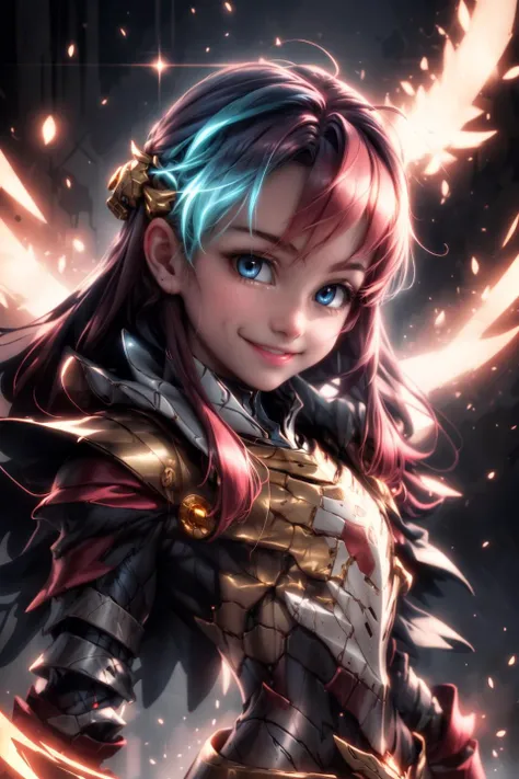 detailed armor, ((gold armor):1.2), (gold:1.2),
a highly detailed realistic girl, cute, cute round face, puffy cheeks, adorable,
portrait, face close-up, small body, smile, symmetrical face, long hair,
detailed skin, detailed eyes,
vivid colors, cinematic hard lighting, realistic shadows, detailed textures, dynamic lighting, cgi,
large blue eyes, pink hair,
flaming hair, glowing hair, neon highlights,
AS-Young,
<lyco:GoodHands-beta2:1.0>
<lora:add_detail:1>
<lora:MechaArmor:0.9>