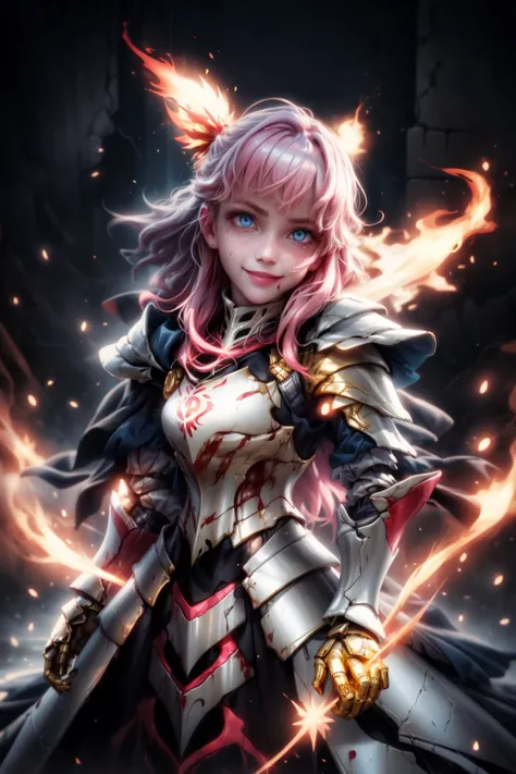 detailed armor, ((gold armor):1.2), (gold:1.2), nice hands, perfect hands, 
a highly detailed realistic girl, cute, cute round face, puffy cheeks, adorable, human, shy, blushing, happy, 
portrait, face close-up, smile, symmetrical face, long hair, 
detailed skin, detailed eyes, 
vivid colors, cinematic hard lighting, realistic shadows, detailed textures, dynamic lighting, cgi,
large blue eyes, glowing eyes, pink hair, flaming hair, glowing hair, 
neon highlights, neon armor, glowing armor,
blood on face, bloody, 
jewel in armor,
AS-Young,
<lyco:GoodHands-beta2:1.0>
<lora:add_detail:1> 
 <lora:MechaArmor:0.8>