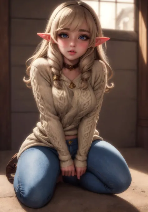 (masterpiece), (best quality), HDR, intricate detail, soft shadow,1girl, solo focus, skindentation, perfect face, puffy face, beautiful face, big eyes, puffy eyes, perfect eyes, eyelashes,lips,blush,elf,slave collar,sweater,jeans,full body