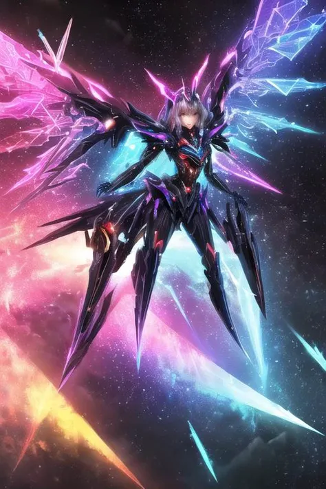 (1girl:1.3),(The black sun),(rainbows,coloured ring),neon lights,(flying wings of mechanical daggers),epic light and shadow,more details,((whole body)),(Round, diamond, triangle),(Gem, diamond),1Mecha girl,(Cosmic nebula:0.8),
