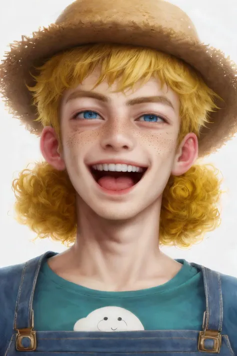 close-up photo portrait of a 20 yo european man, blond short curly hair, blue eyes, laughing face expression, freckles, denim overall, t-shirt, straw hat, farmer, simple background