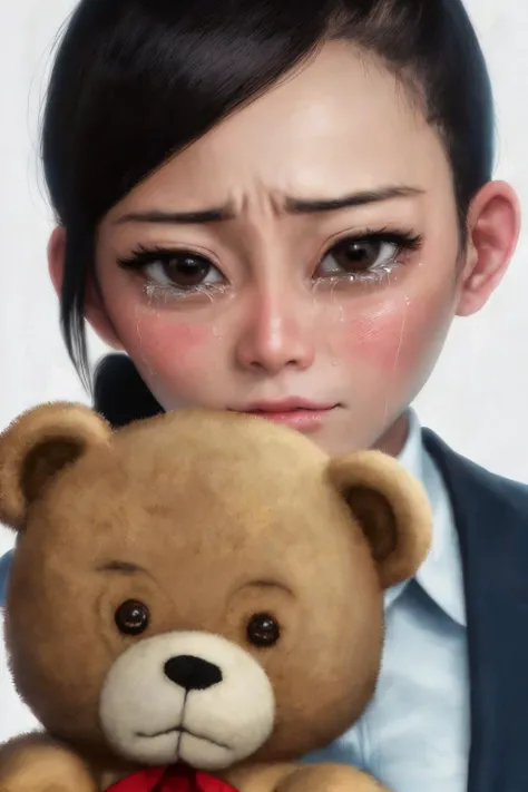 close-up photo portrait of a 30 yo asian woman, black ponytail, brown eyes, crying face expression, blush, shirt, tie, office lady, holding teddy bear, simple background